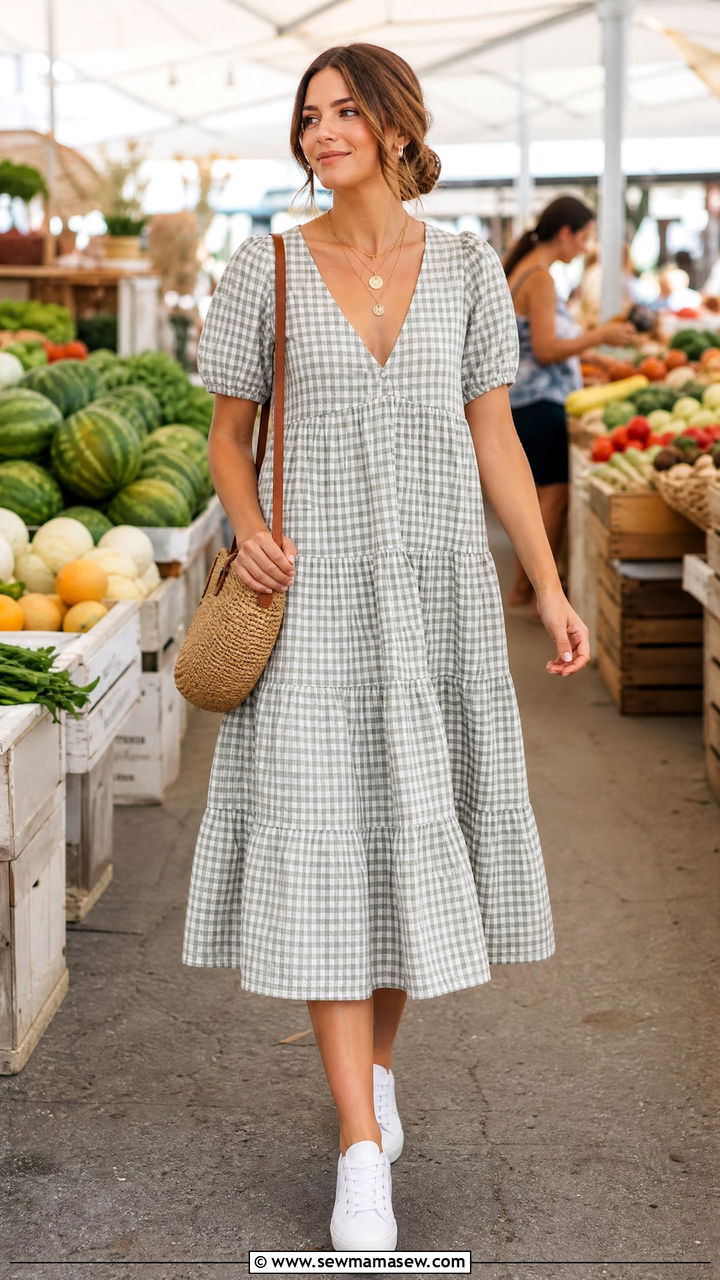 Tiered Cotton Midi Dress With White Sneakers - 30 Summer cabin weekend outfits