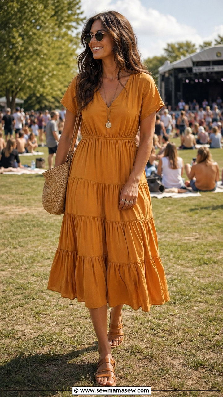 Tiered Cotton Midi Dress with Flat Leather Sandals Outfit - 30 Boho outfit ideas for women over 40