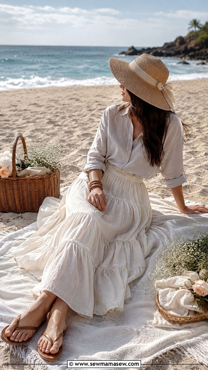 Tiered Cotton Skirt With Linen Blouse - 25 Modest outfit ideas for beach