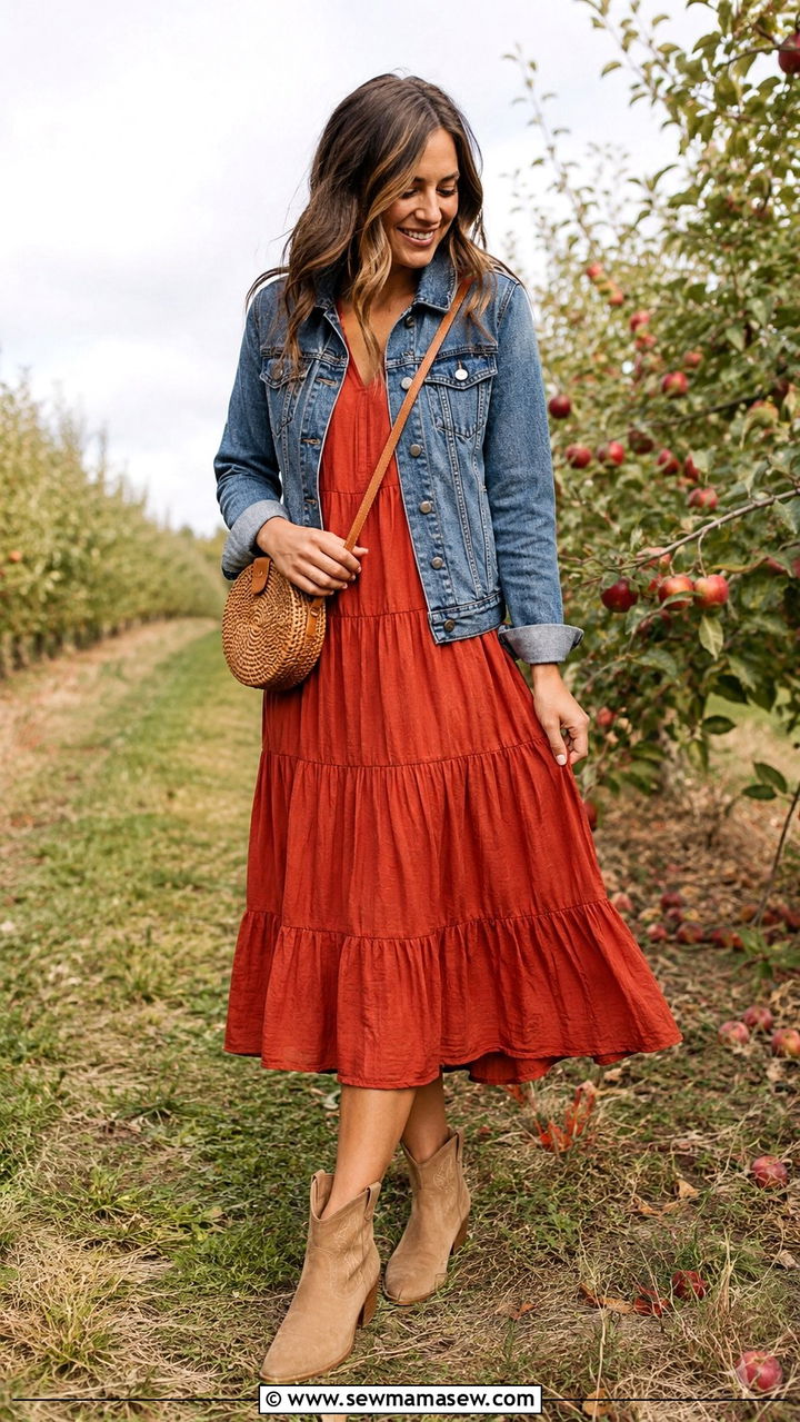 Tiered Dress with Denim Jacket and Western Boots - 30 Transitional dress outfit ideas