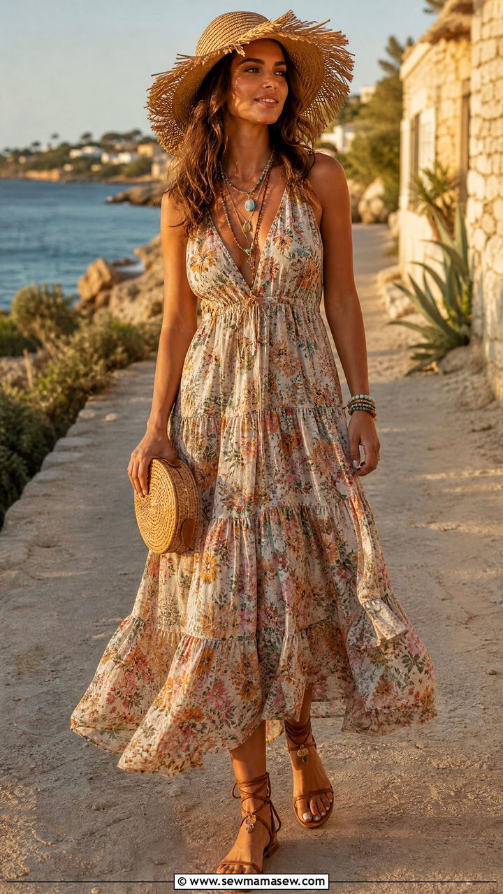 Tiered Floral Maxi Dress With Rattan Clutch - 30 Maxi dress for beach outfit ideas