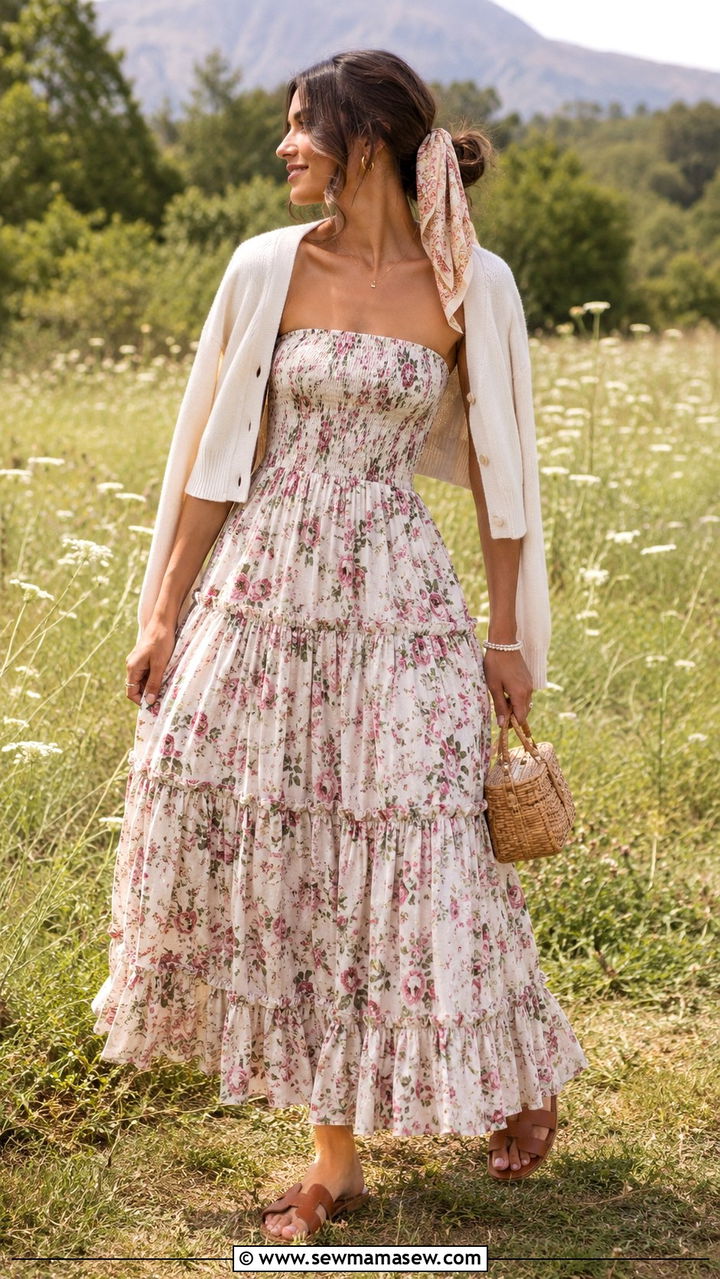 Tiered Floral Maxi Dress with Cropped Cardigan - 30 spring to summer outfits 2026