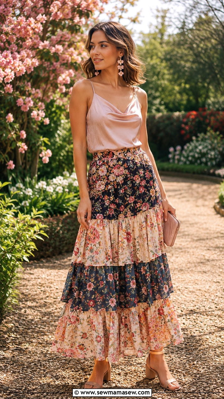Tiered Floral Maxi Skirt with Silk Camisole - 20 maxi skirt outfits 2026