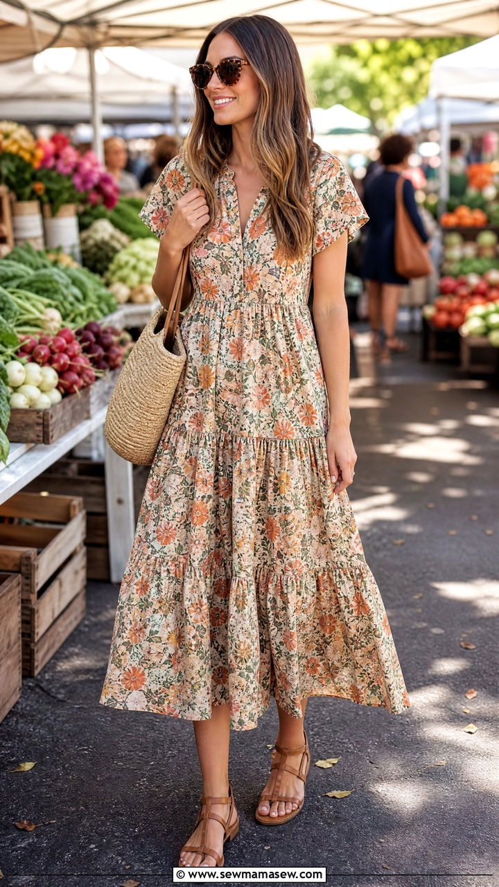 Tiered Floral Midi Dress With Flat Sandals - 25 French girl outfit ideas with Rouje dress
