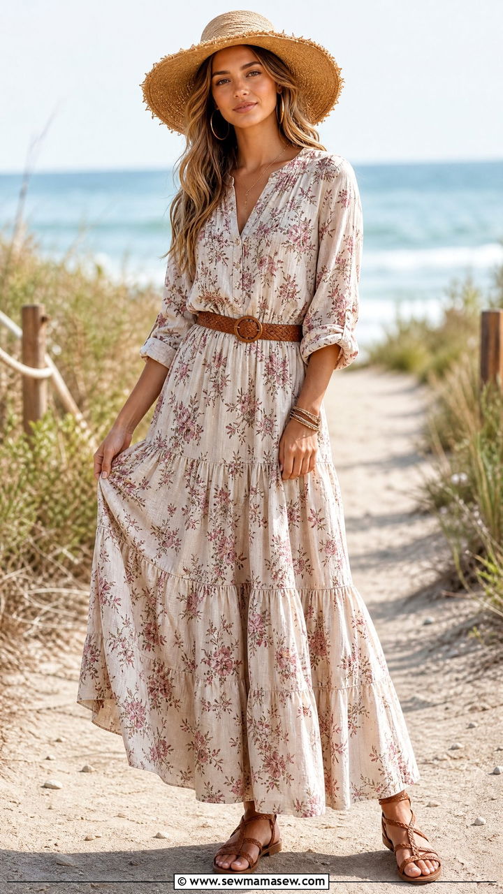 Tiered Long Sleeve Maxi Dress - 30 modest beach vacation outfit ideas