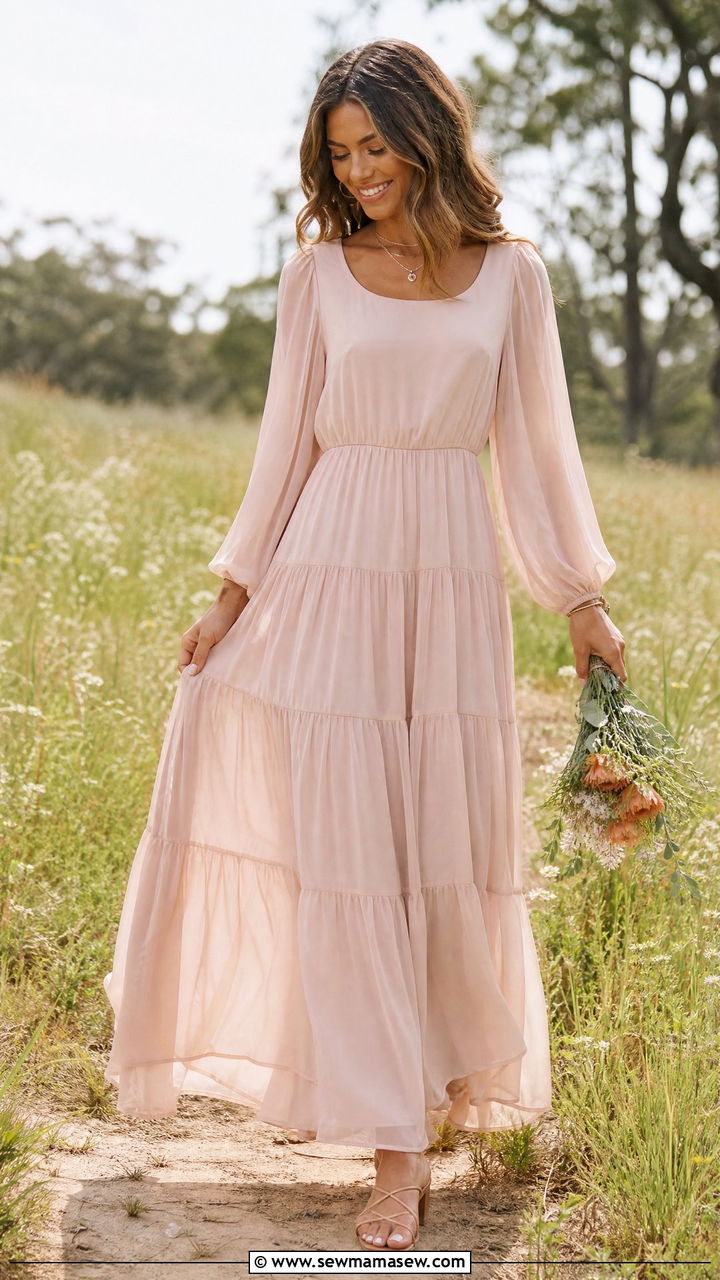 Tiered Maxi Bridesmaid Dress With Sleeves - 25 Modest outfit ideas for bridesmaid
