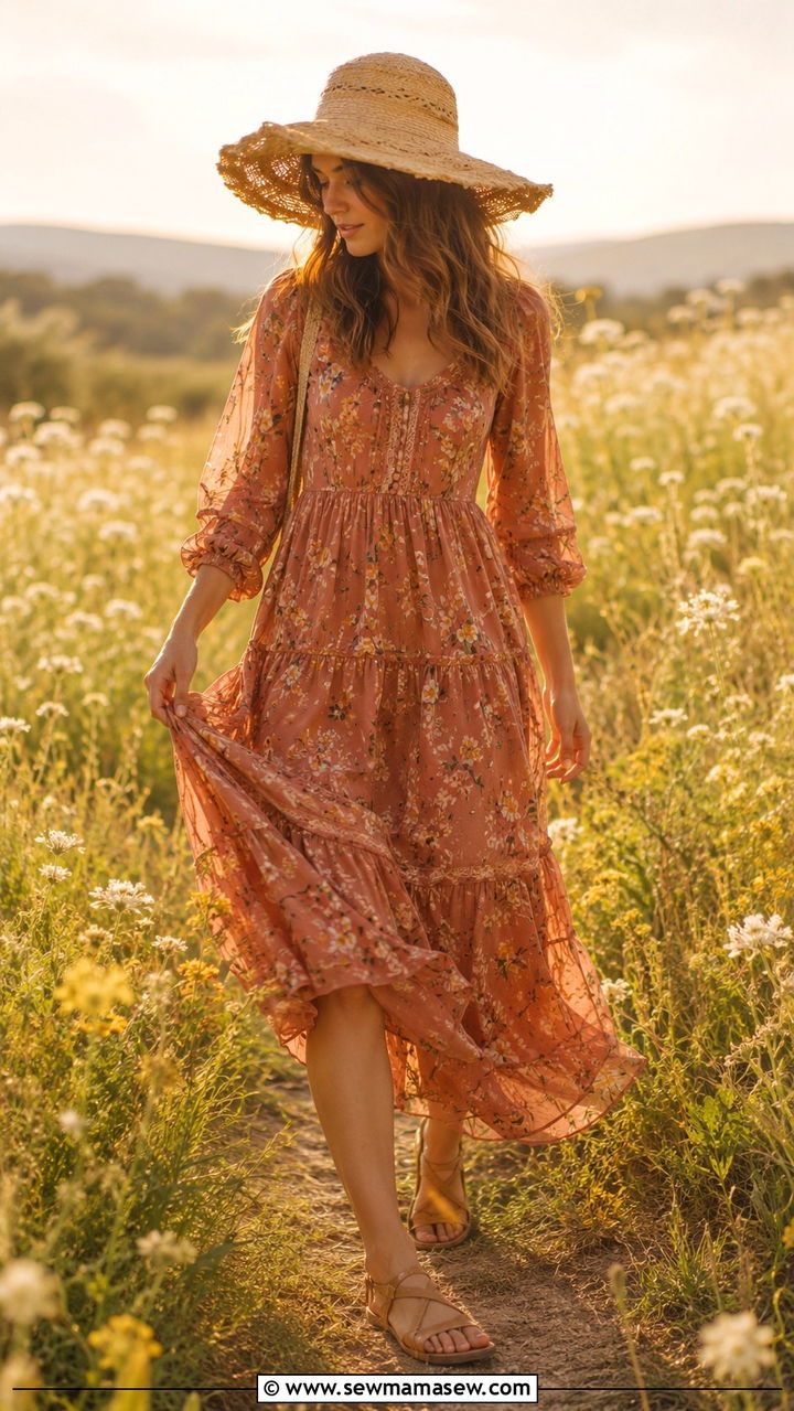Tiered Maxi Dress And Straw Sun Hat - 25 poetcore outfits to copy