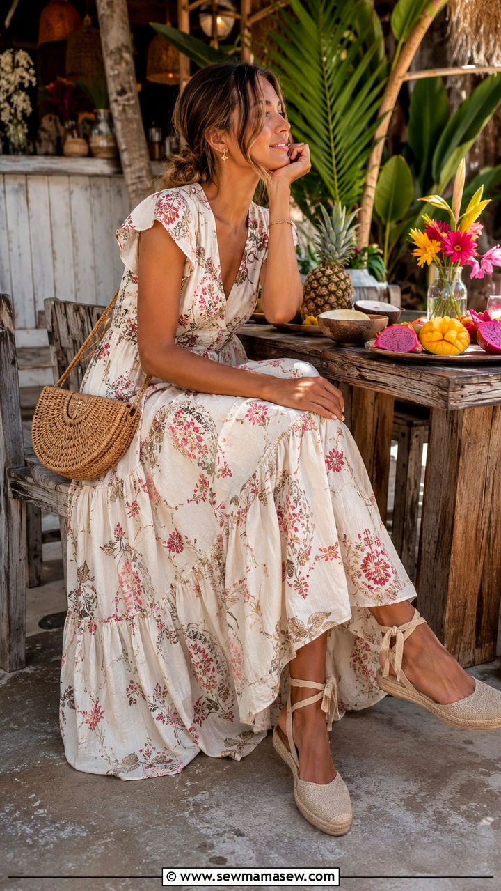 Tiered Maxi Dress Espadrilles Tulum Brunch - 30 Tulum vacation outfit ideas