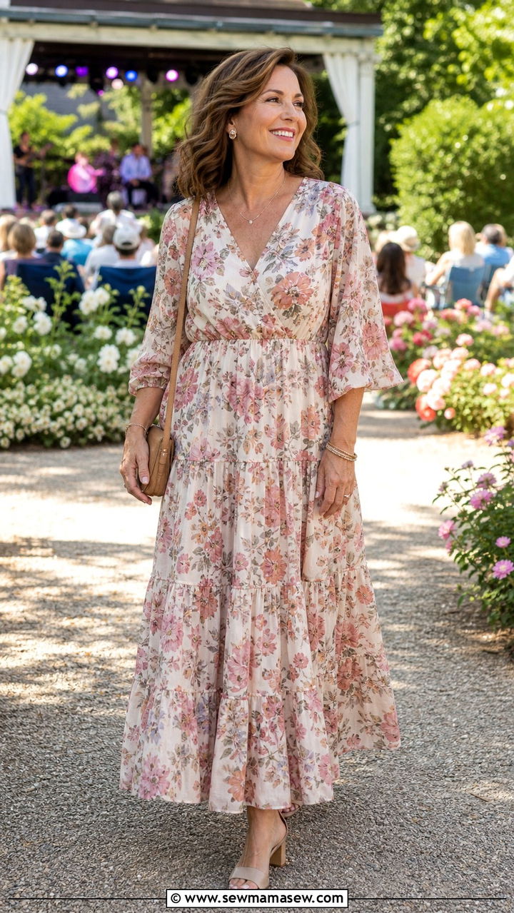 Tiered Maxi Dress With Block Heels - 30 maxi dress outfits for women over 40