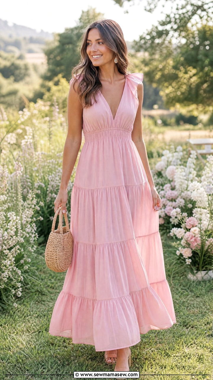 Tiered Maxi Dress With Block Heels - 40 spring wedding guest outfit ideas