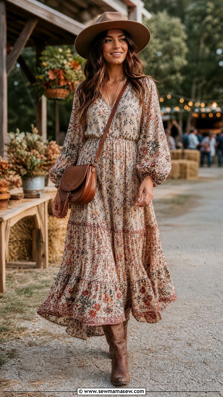 Tiered Maxi Dress With Cowboy Boots - 35 maxi dress outfits for women