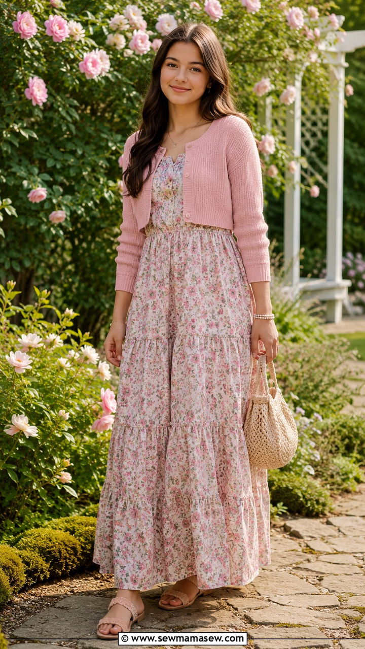 Tiered Maxi Dress With Cropped Cardigan - 30 Modest outfit ideas for teens