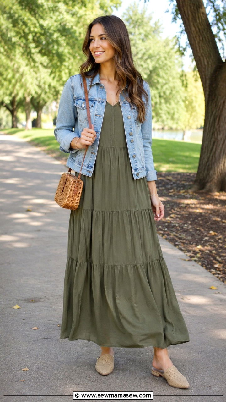 Tiered Maxi Dress With Denim Jacket - 30 transitional modest outfit ideas