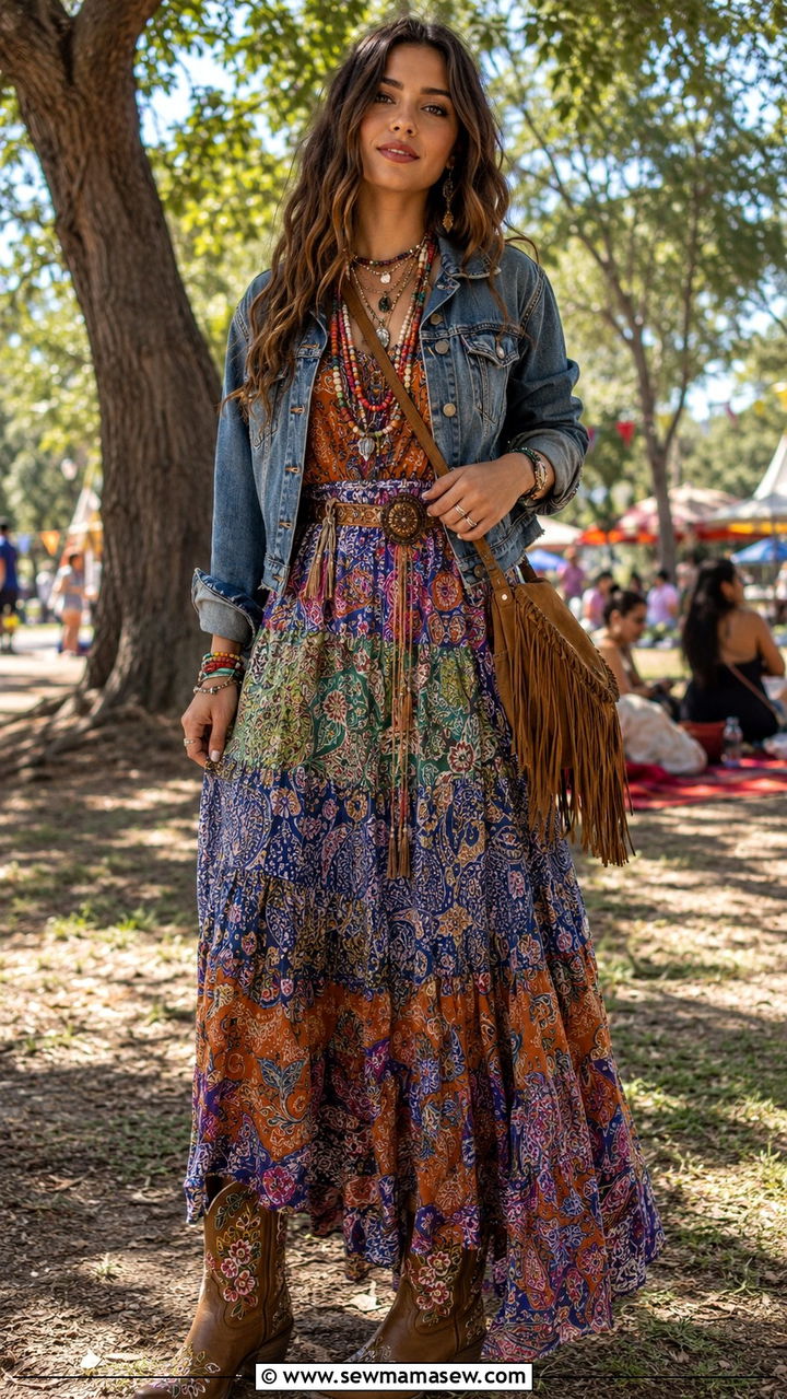 Tiered Maxi Dress With Denim Jacket And Embroidered Cowboy Boots - 30 casual maximalist outfits