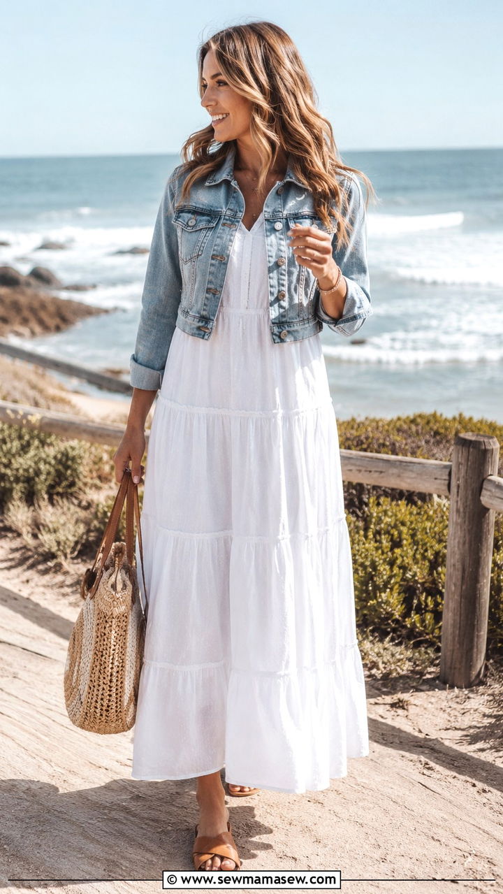 Tiered Maxi Dress With Denim Jacket And Flat Sandals - 30 Maxi dress with a denim jacket outfit ideas