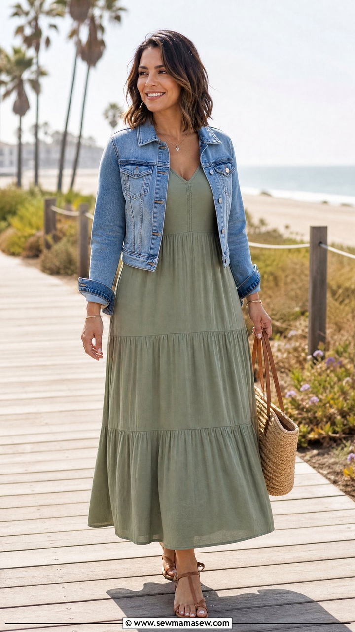 Tiered Maxi Dress With Denim Jacket And Flat Sandals - 25 Petite outfit ideas with apple shape