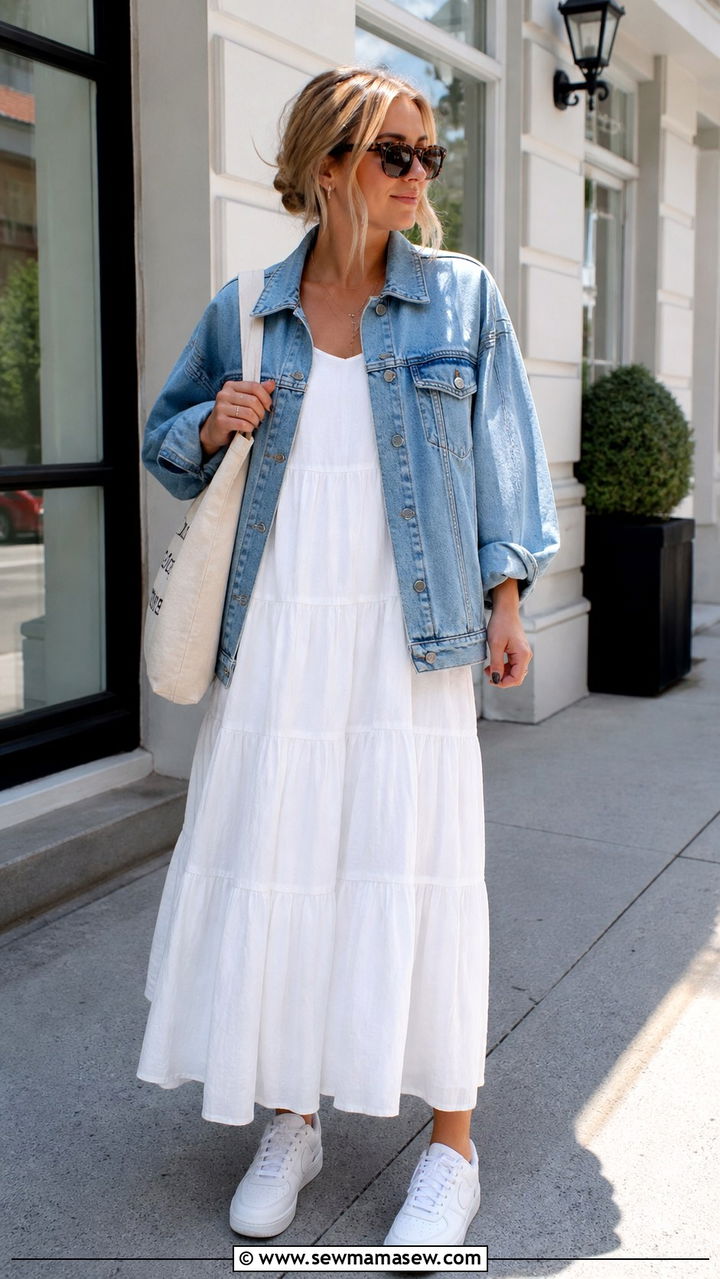 Tiered Maxi Dress With Denim Jacket And Sneakers - 40 Boho outfit ideas 2026
