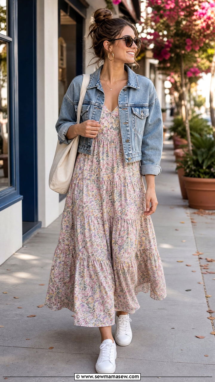 Tiered Maxi Dress With Denim Jacket Outfit - 30 summer maxi dress outfit ideas