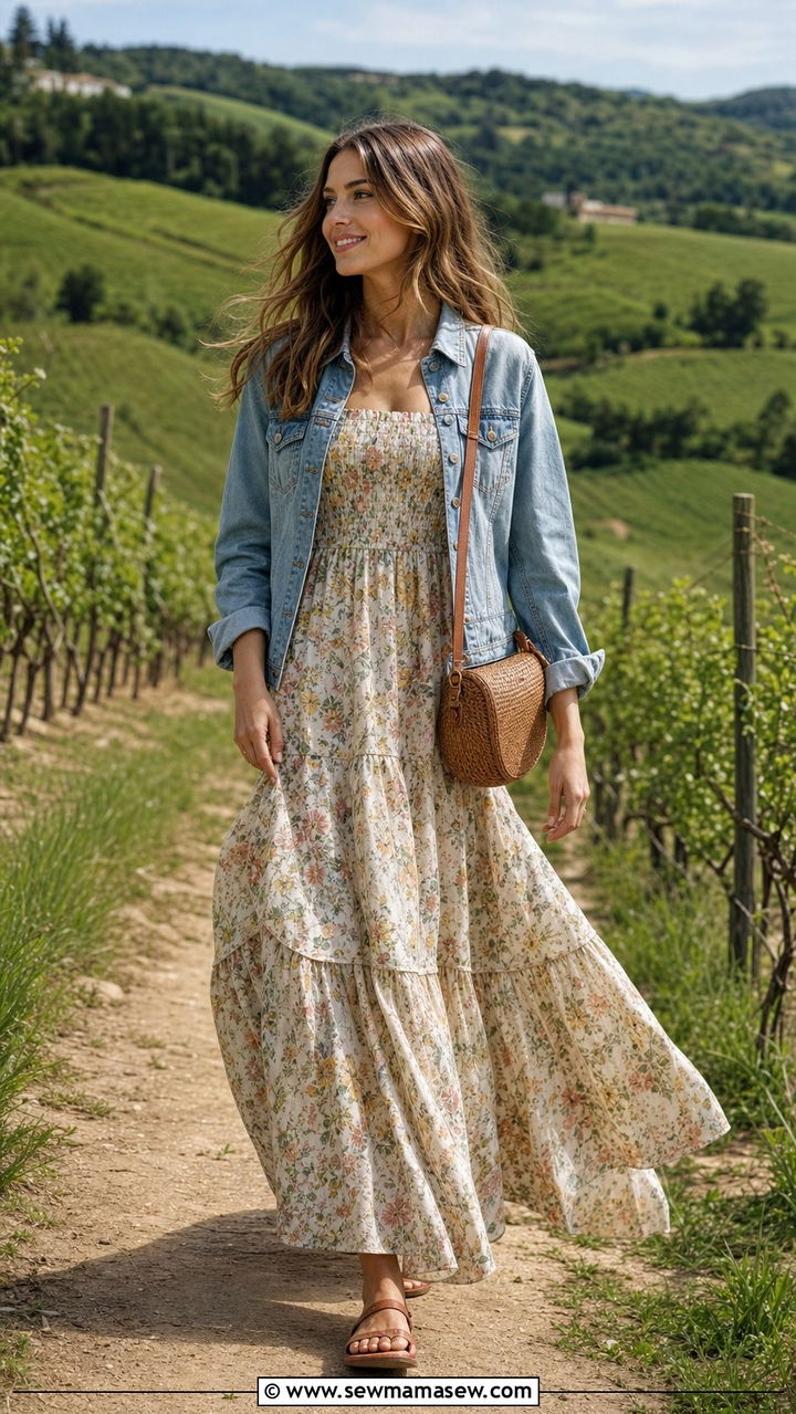Tiered Maxi Dress With Denim Jacket Outfit - 25 Spring cottagecore outfits 2026