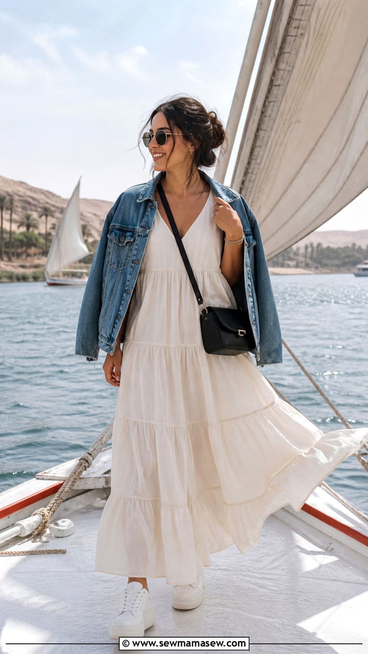 Tiered Maxi Dress With Denim Jacket - 20 Aswan outfit ideas