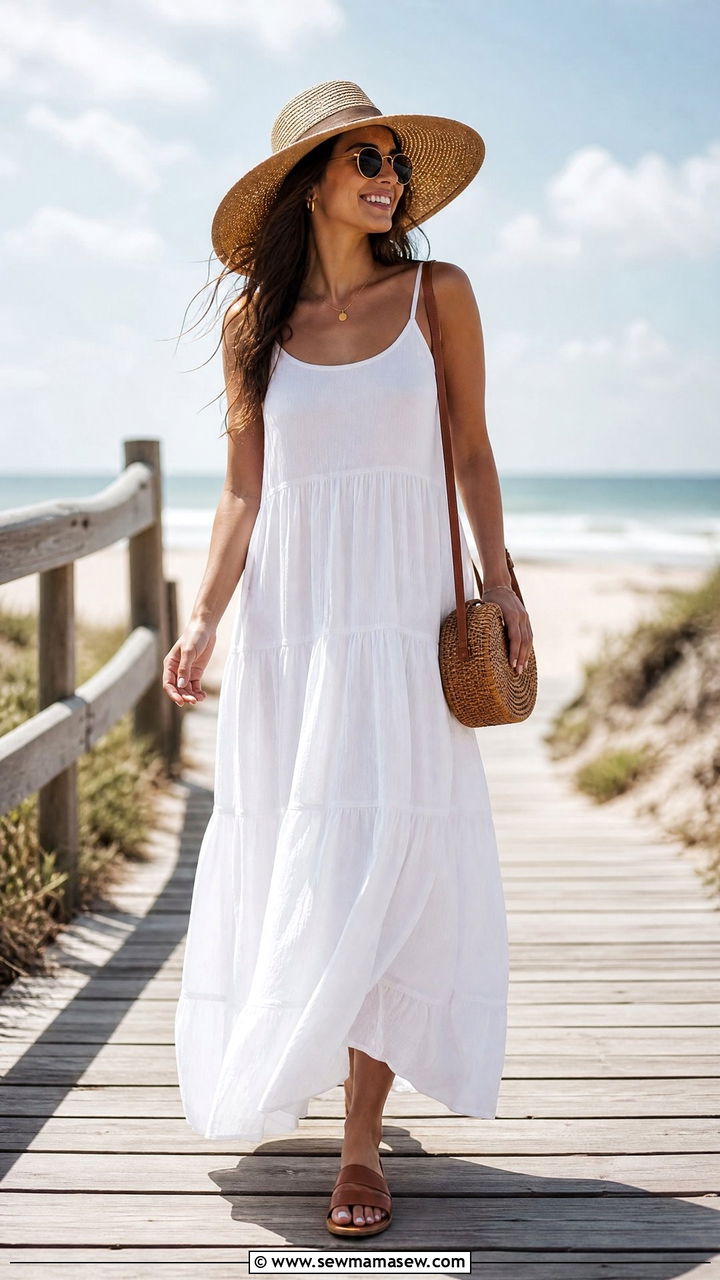 Tiered Maxi Dress With Flat Sandals - 30 Summer outfits for athletic build