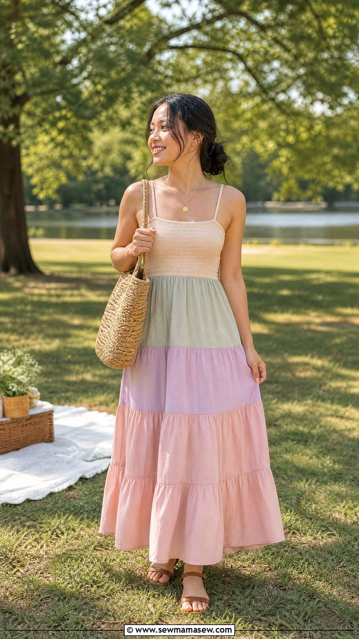 Tiered Maxi Dress With Flat Sandals - 25 Maxi dress for petite outfit ideas