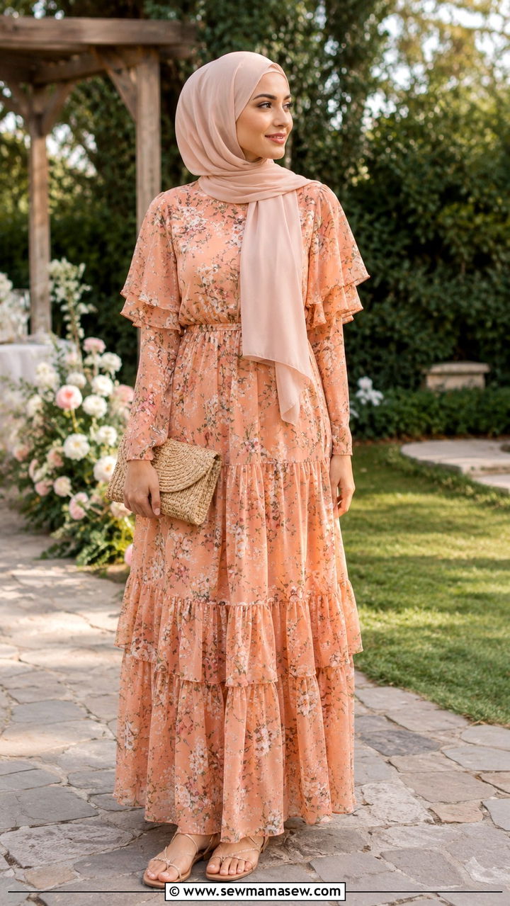 Tiered Maxi Dress With Flutter Sleeves - 30 Modest wedding guest outfit ideas for Muslim women