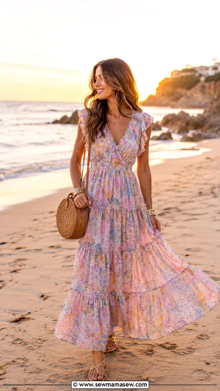 Tiered Maxi Dress With Gold Sandals Outfit - 25 romantic outfits aesthetic
