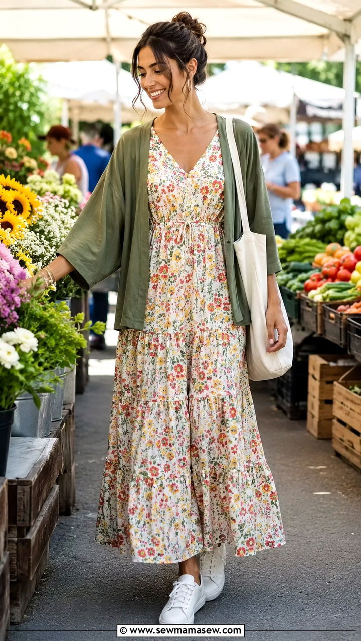 Tiered Maxi Dress With Kimono For Casual Wear - 30 Maxi dress with a kimono outfit ideas