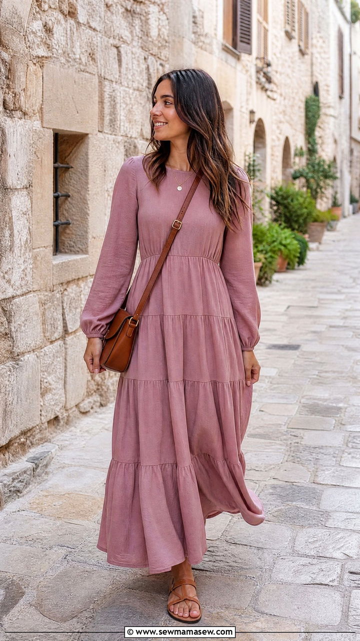 Tiered Maxi Dress With Long Sleeves Travel Outfit - 25 Vacation outfit ideas modest women