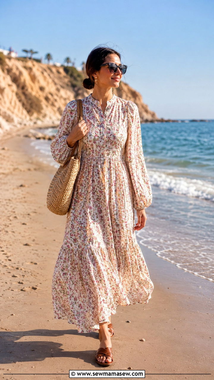Tiered Maxi Dress With Long Sleeves - 25 Modest outfit ideas for beach