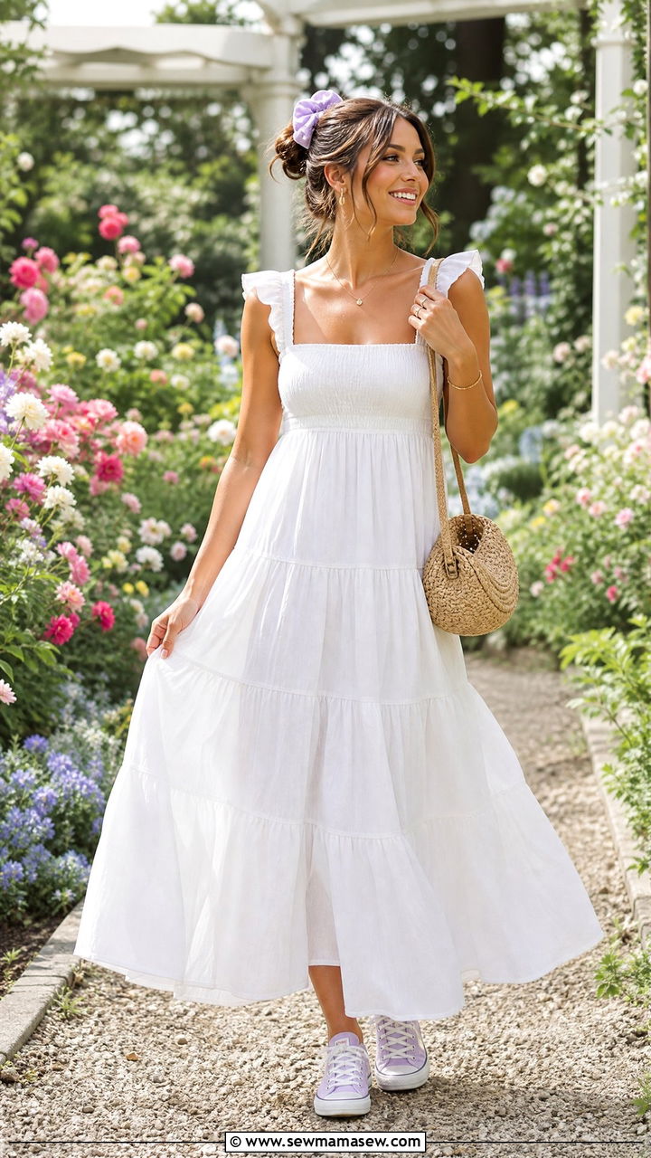 Tiered Maxi Dress With Pastel Sneakers - 30 Maxi dress outfit ideas with sneakers