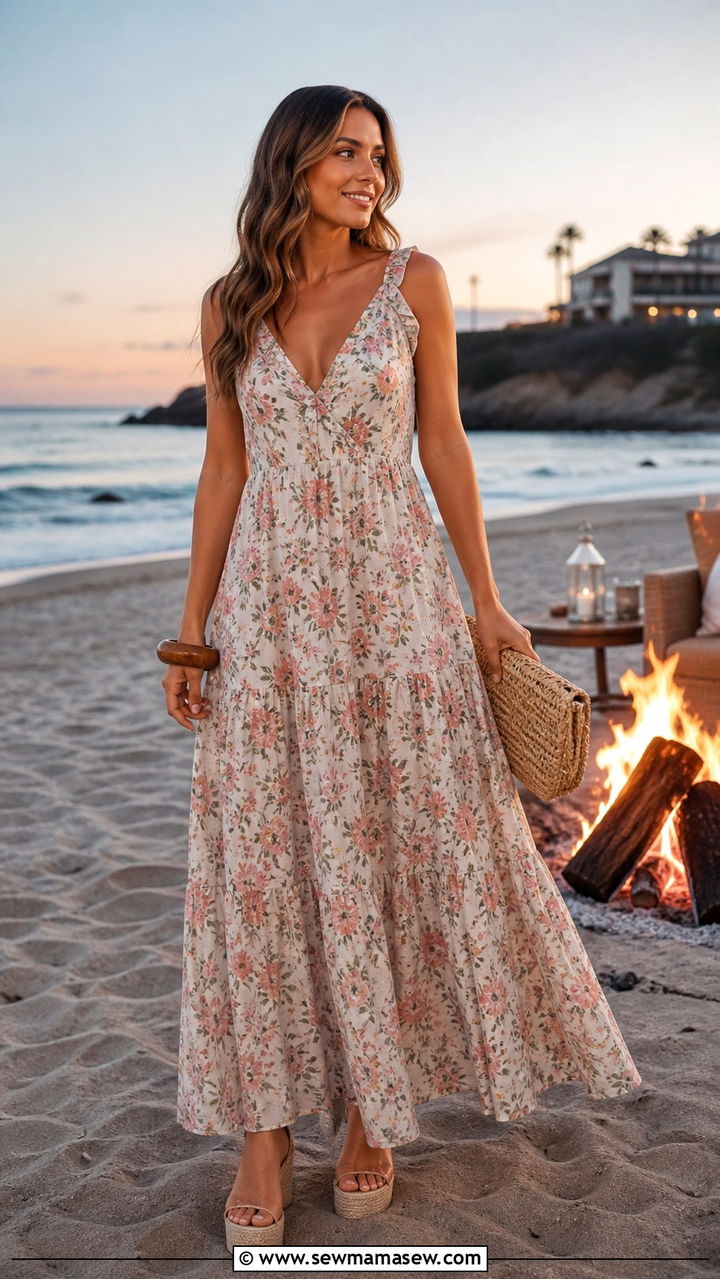 Tiered Maxi Dress With Platform Sandals - 40 Coastal summer outfits