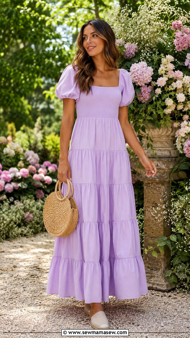 Tiered Maxi Dress With Puff Sleeves And Espadrilles - 30 Maxi dress with sleeves outfit ideas