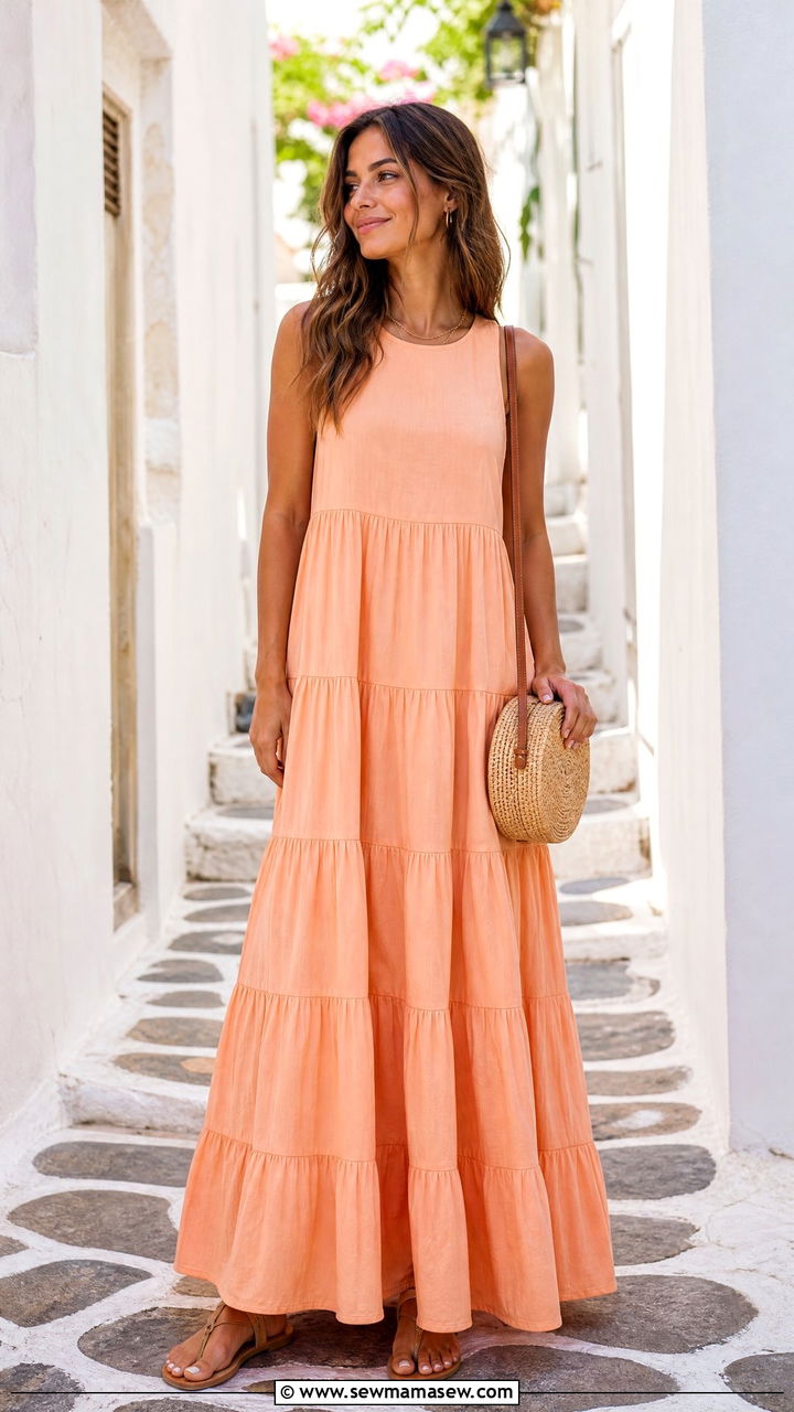 Tiered Maxi Dress With Raffia Bag Vacation Outfit - 30 summer vacation chic outfit ideas