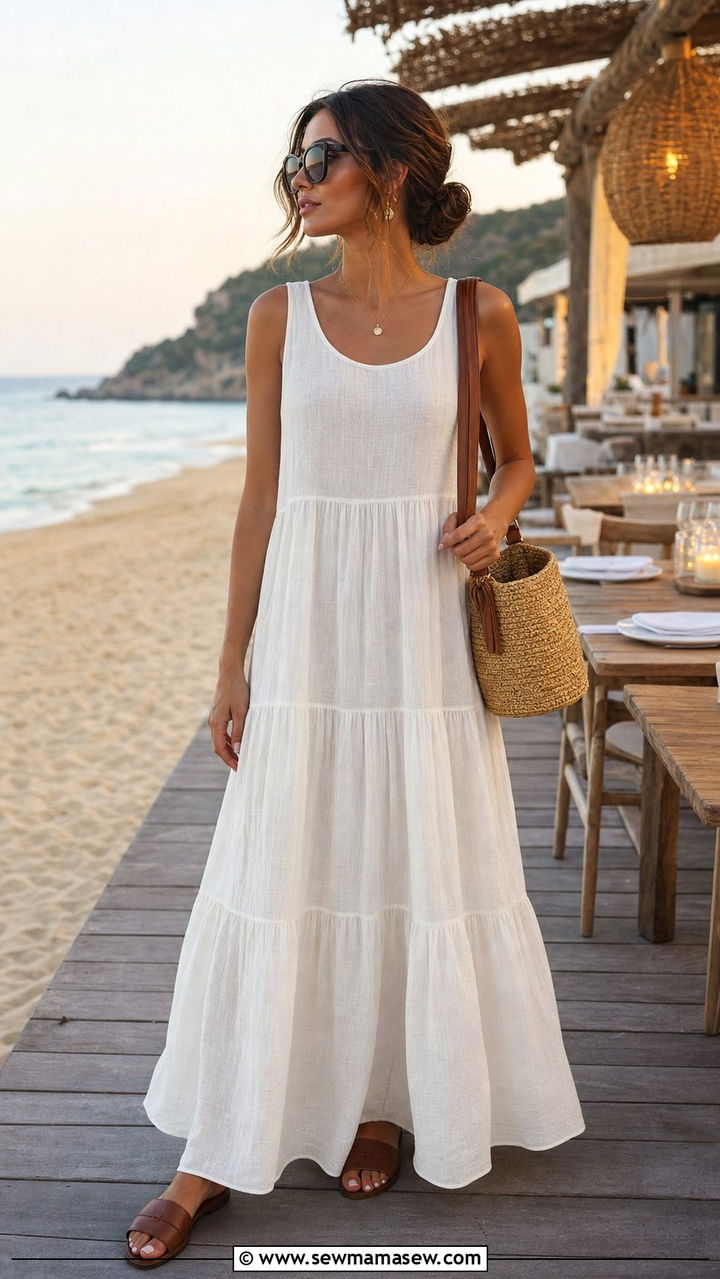 Tiered Maxi Dress With Slide Sandals - 25 Summer outfits for inverted triangle shape