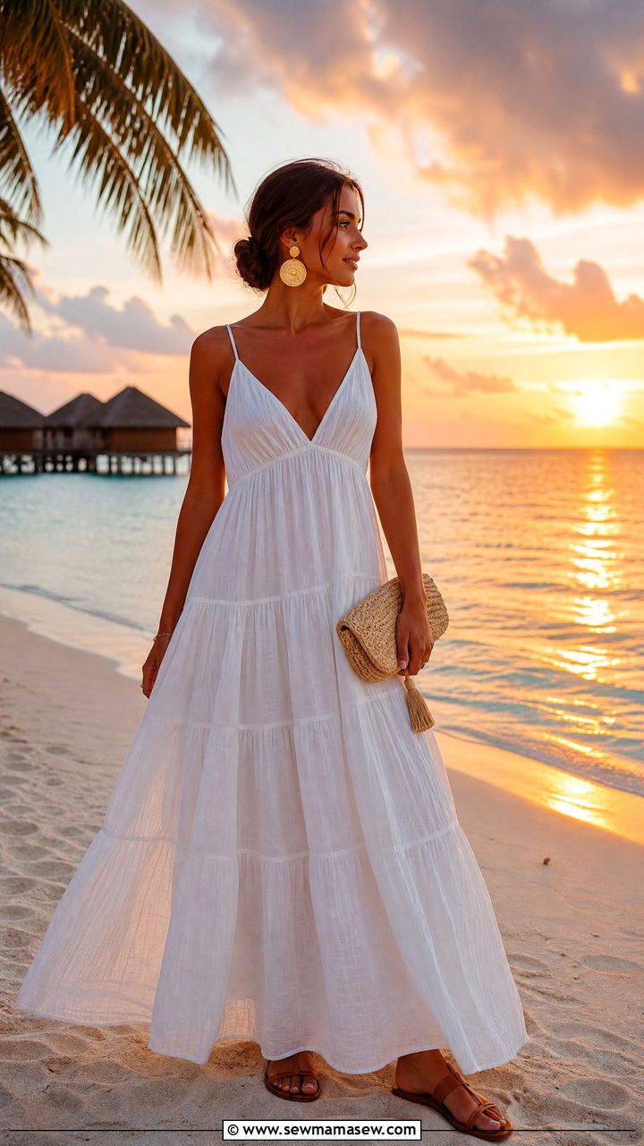 Tiered Maxi Dress With Statement Earrings - 35 Maldives vacation outfit ideas