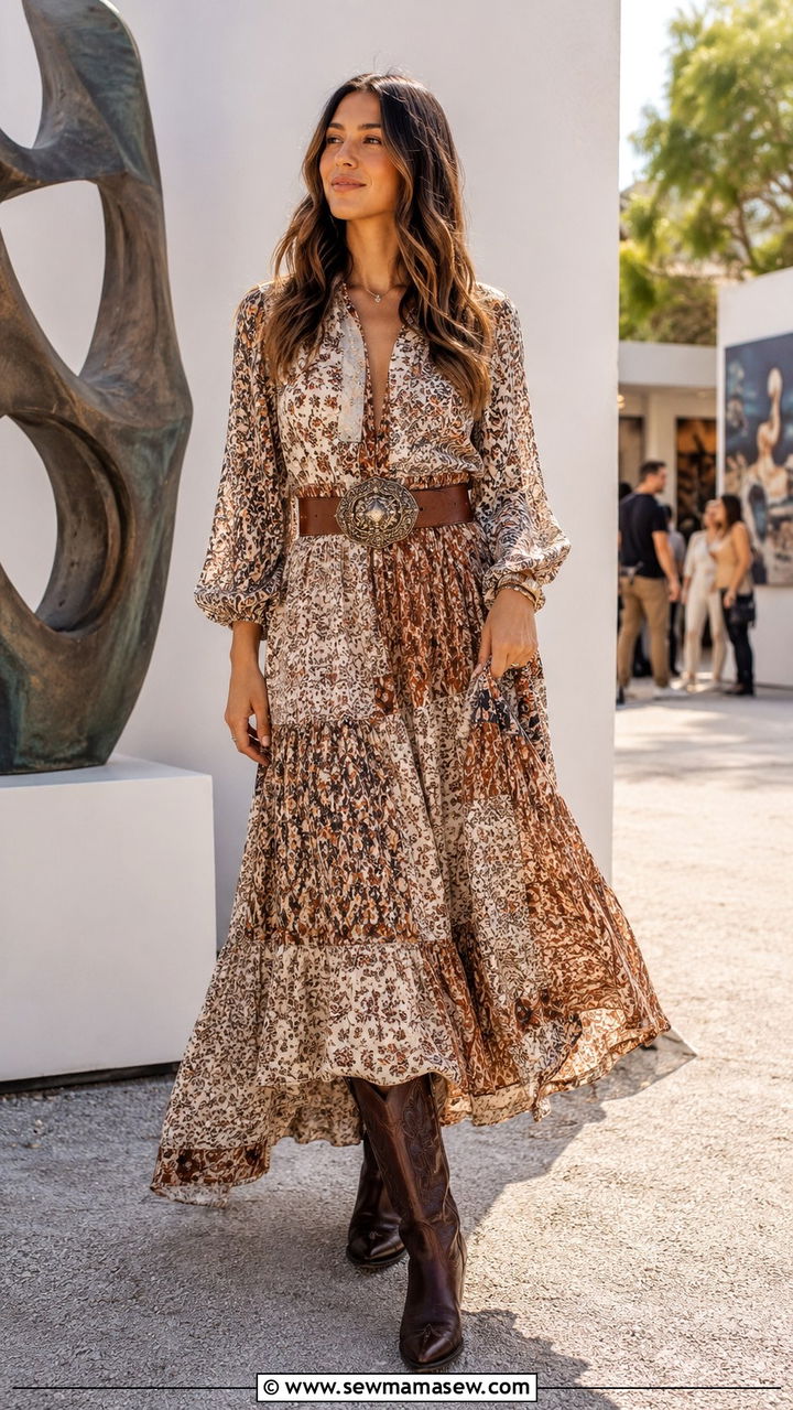 Tiered Maxi Dress With Statement Leather Belt And Dark Cowboy Boots - 25 Western outfit ideas with dress