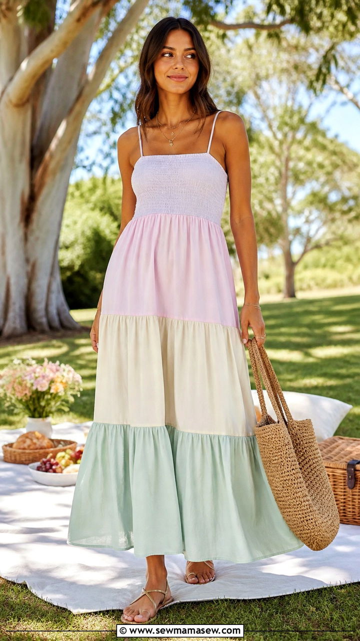 Tiered Maxi Dress With Strappy Sandals And Woven Tote - 40 maxi dress outfits