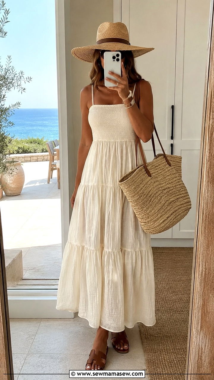 Tiered Maxi Dress With Straw Bag - 20 maxi dress outfits 2026