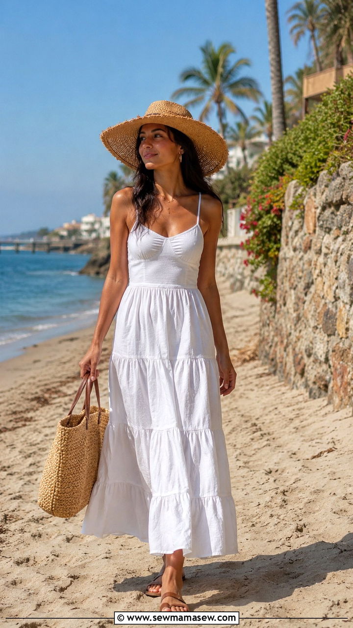 Tiered Maxi Dress With Straw Hat and Sandals - 30 spring petite outfit ideas
