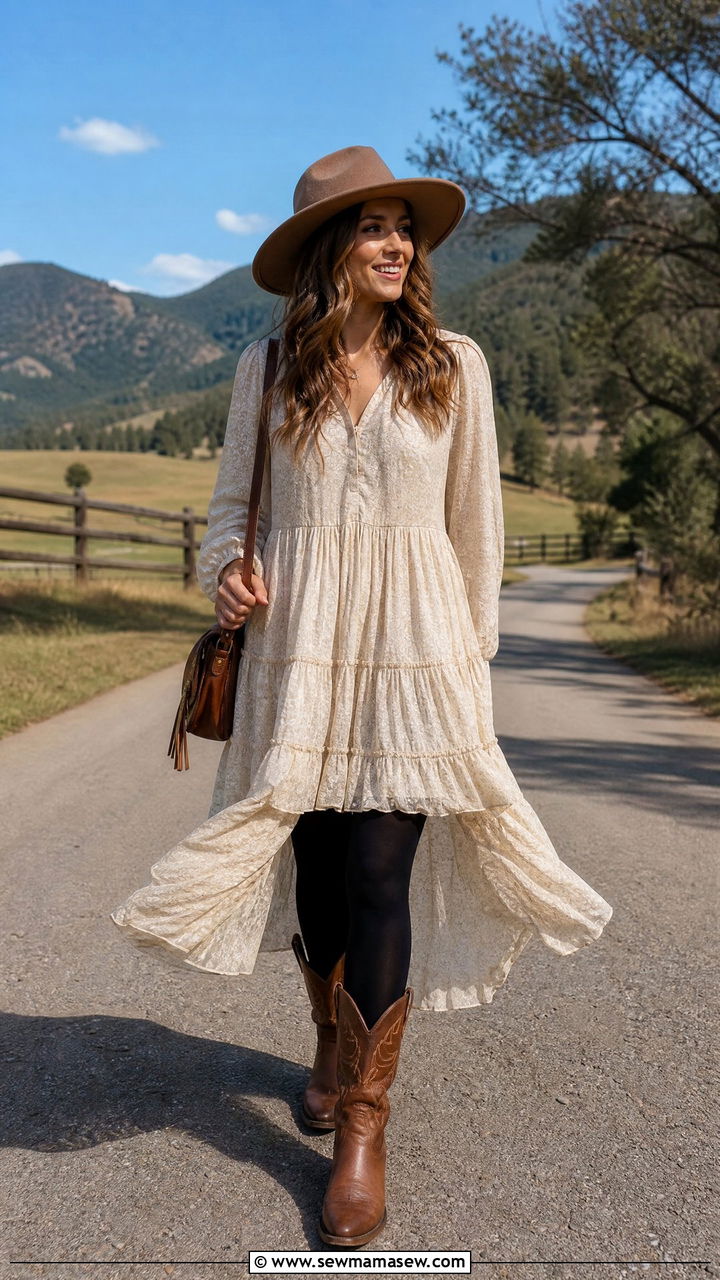 Tiered Maxi Dress With Tights And Cowboy Boots - 30 Maxi dress outfit ideas with tights