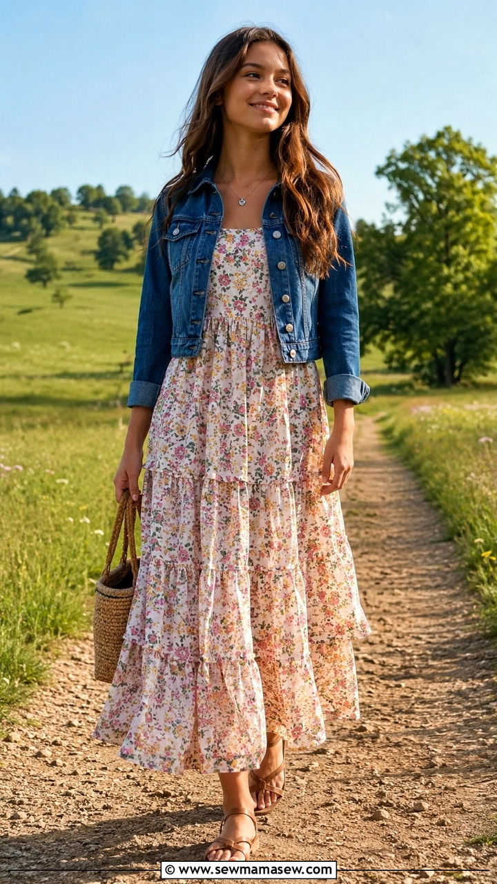 Tiered Maxi Dress and Cropped Denim Jacket - 30 Trendy outfits for 17 year olds