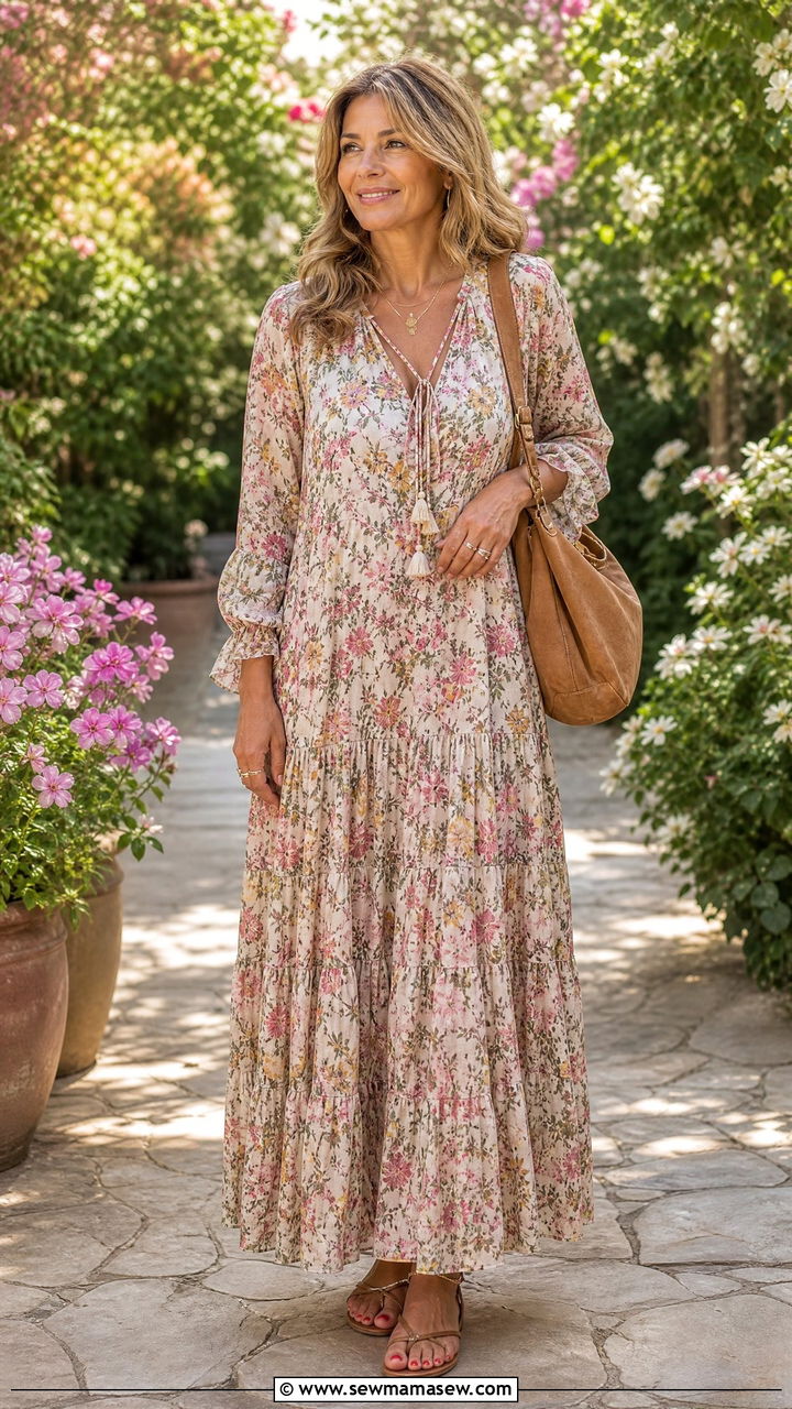 Tiered Maxi Dress and Flat Leather Sandals - 25 bridal shower outfits for women over 40