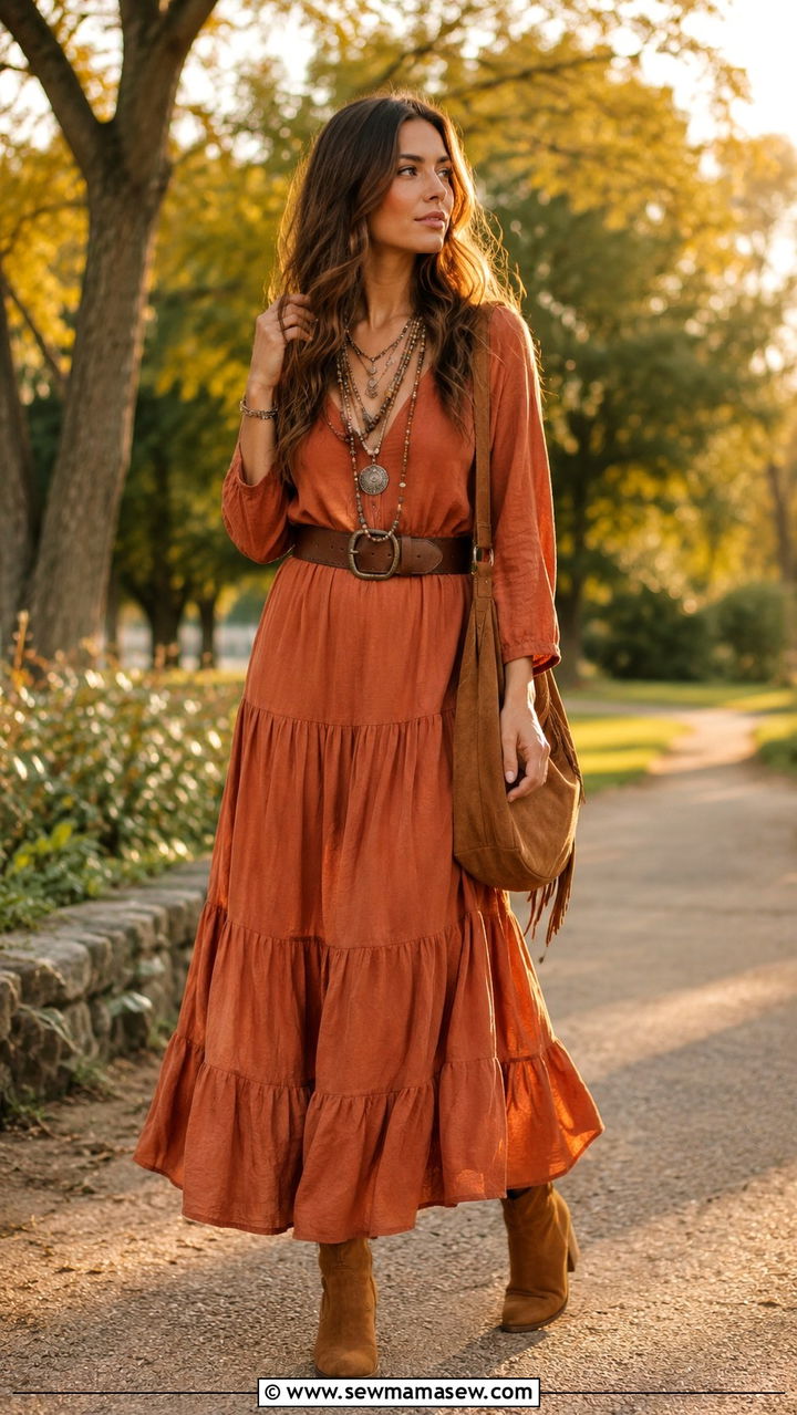 Tiered Maxi Dress and Suede Ankle Boots Outfit - 25 aesthetic outfits to copy