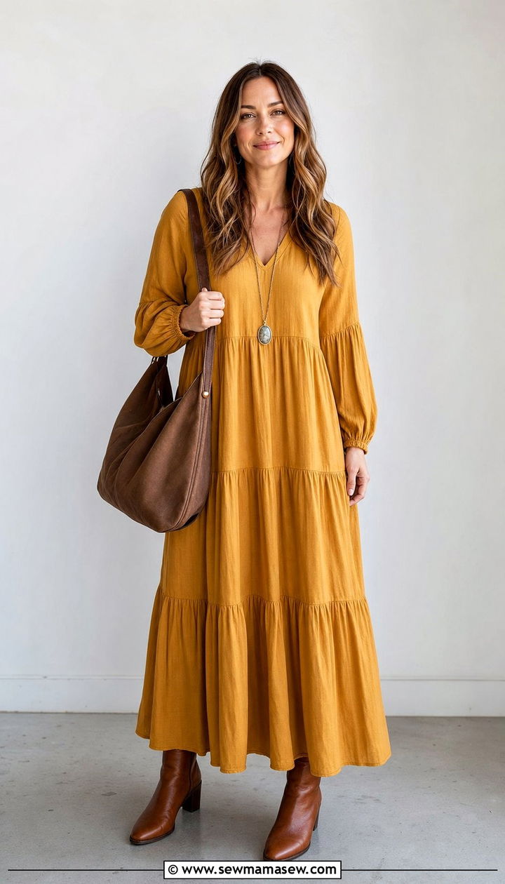 Tiered Maxi Dress with Ankle Boots - 35 boho outfits for women