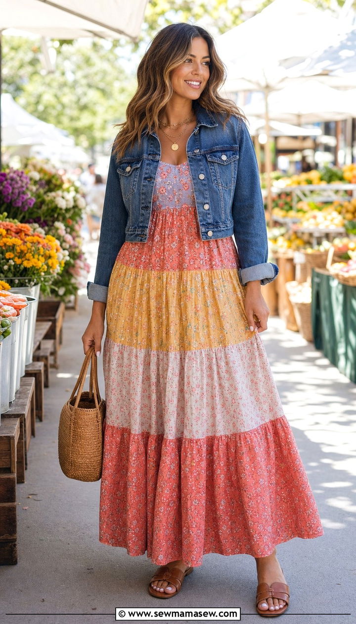 Tiered Maxi Dress with Denim Jacket - 25 Spring outfits for pear shape