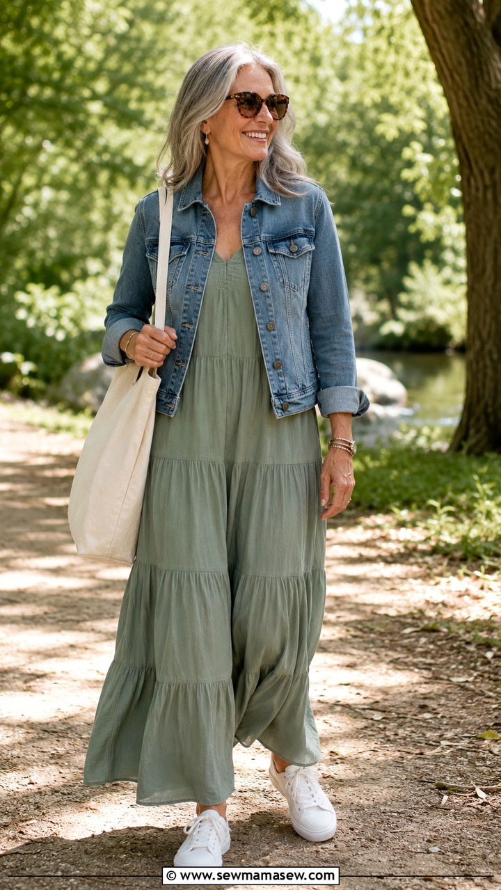 Tiered Maxi Dress with Denim Jacket - 30 Modest outfit ideas for women over 50