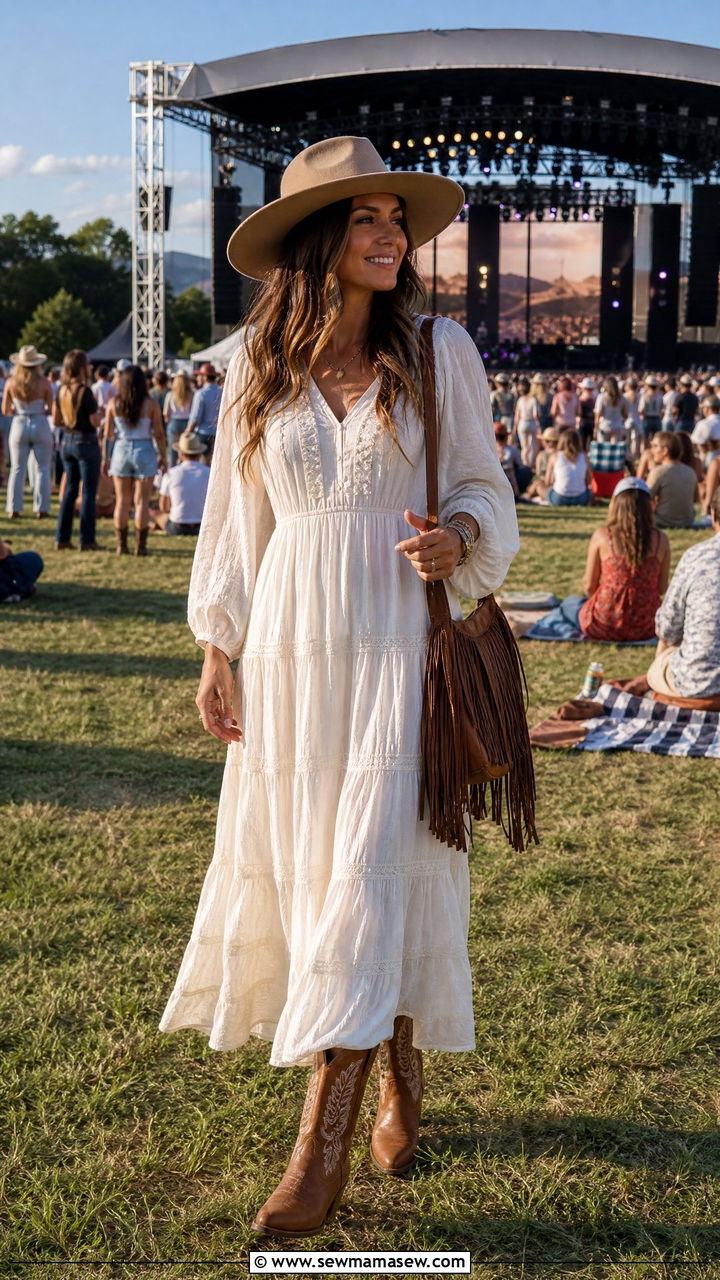 Tiered Maxi Dress with Embroidered Boots - 30 modest country concert outfit ideas
