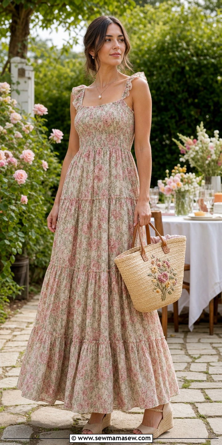 Tiered Maxi Dress with Faded Rose Print - 25 cottagecore capsule wardrobe outfits